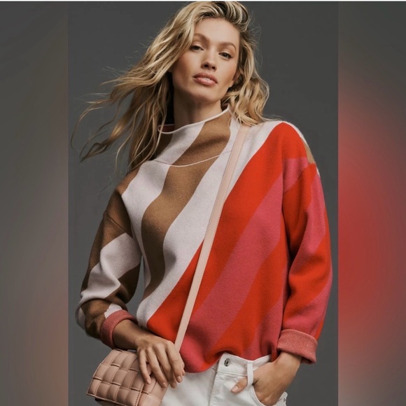 Anthropologie Sweaters - Anthropologie Colorblock Funnel-Neck Sweater in Red, Pink, Brown, Cream